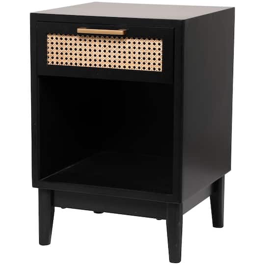 Wood Accent Table with Cane Front Drawer & Gold Handle